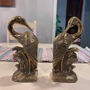 Vintage Brass Crane Heron Egret Bookends, Hollywood Regency, MCM